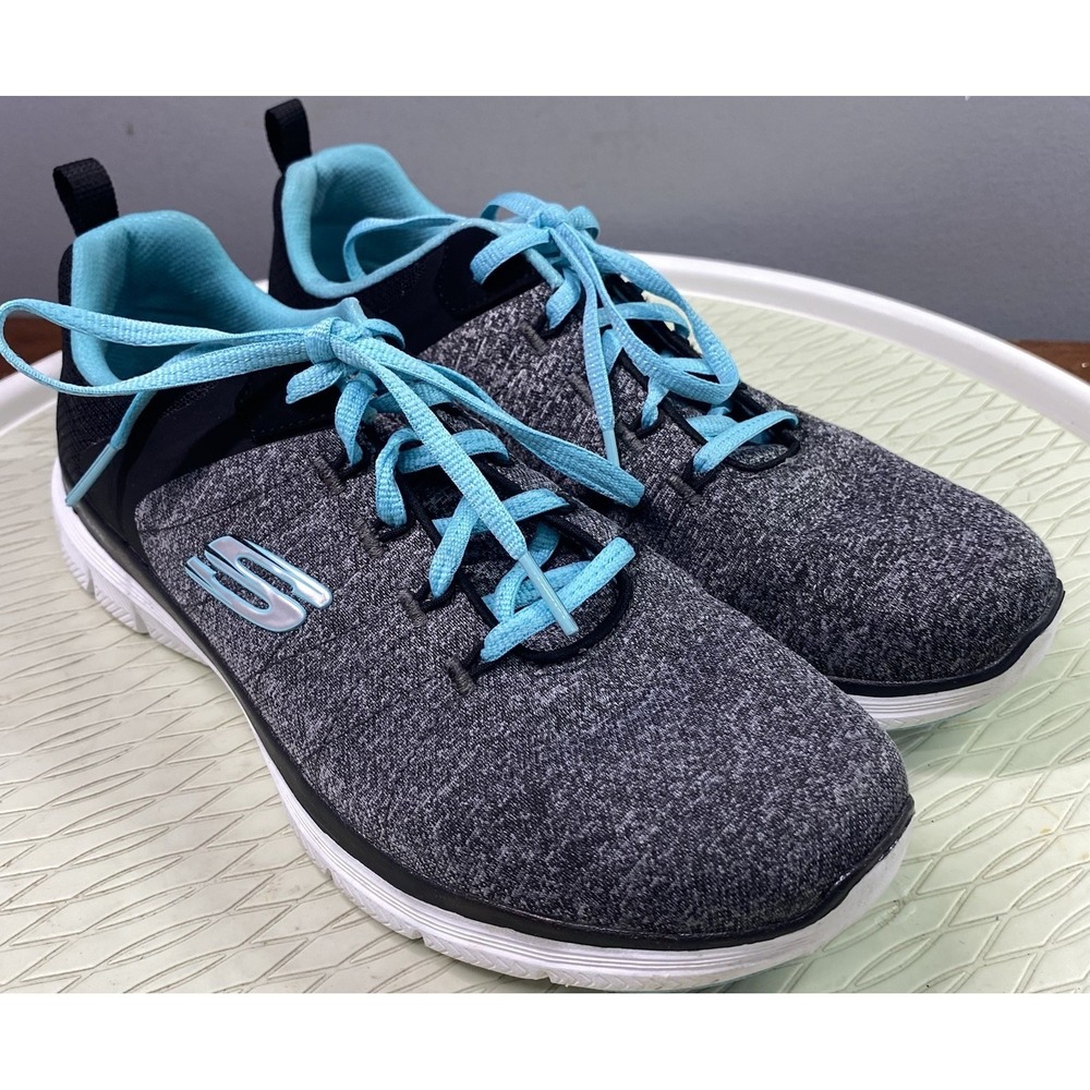Skechers Flex Lite Womens Gray/Black/Blue Shoes Memory Foam Sneakers Sz.9